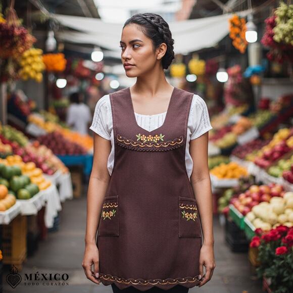 Burgundy Mexican Embroidered Apron – Essential Cotton Blend Kitchen Apron - Picture 3 of 9